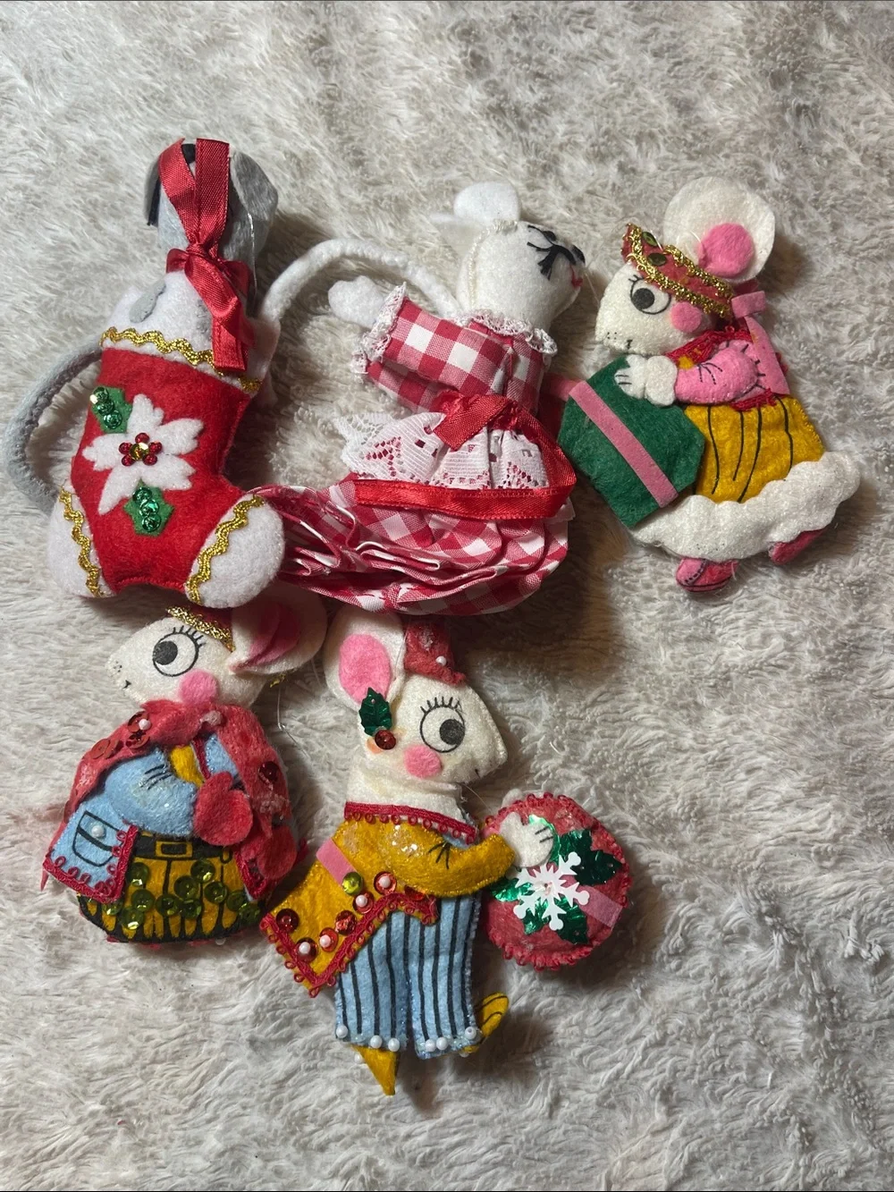 Vintage Felt Christmas Mouse Ornaments - Red, Pink, Yellow, Green, White